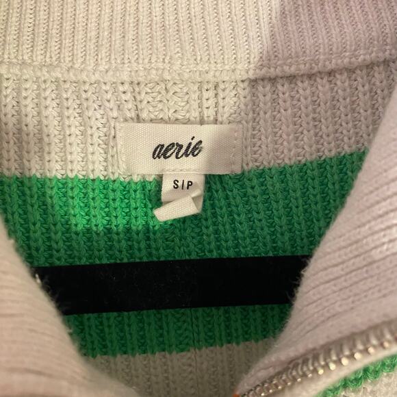 NWOT Aerie Green White Stripe Quarter Zip Pullover Sweater Cotton Women Small - Picture 3 of 10